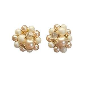 Vintage Beaded Clip-On Earrings Faux Pearl & Crystal Signed Japan, White Cluster
